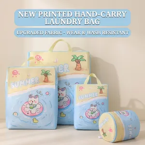 Detail of four-piece summer-themed laundry bags with fine mesh and durable handles