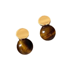Minimalist 18k gold plated tiger eye stud earrings with silver needle on white background