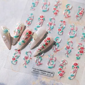 5D Embossed Nail Art Stickers Chinese Style Shu Embroidery Floral Cloud Pattern Self Adhesive Manicure Decals For Women