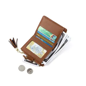 Brown faux leather trifold wallet for women with tassel zipper and multiple card slots