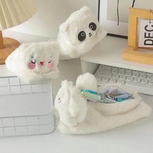 Cute plush dog and panda pencil case with large capacity and soft white faux fur texture
