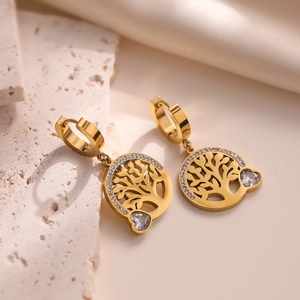 18K gold plated tree of life drop earrings with heart zircon on stone and silk