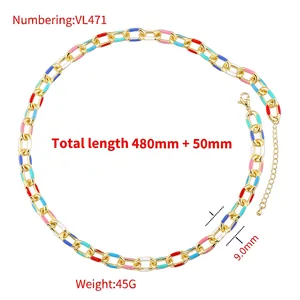 Colorful enamel 18K gold plated Cuban chain necklace set with red, blue and pink links