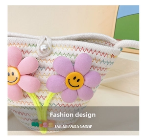 Detail einer handgewebten Strohtasche mit bunten Blumendekoren und einem Perlenknopf