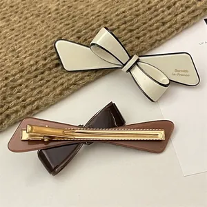 French style 3D bow hair clips in cream white and brown with gold metal alligator clips