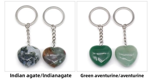 Detail showing heart-shaped natural India Agate and Green Aventurine stone keychains