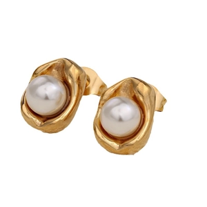 French vintage pea-shaped pearl studs with gold irregular lava texture metal frames