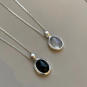 Minimalist 925 sterling silver oval necklaces with opal and black gemstone pendants