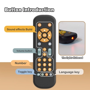 Educational TV remote toy button guide showing volume, number, and language features