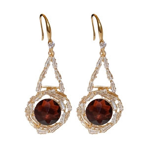 Boucles d'oreilles vintage françaises dorées avec cristal rouge foncé et zircons