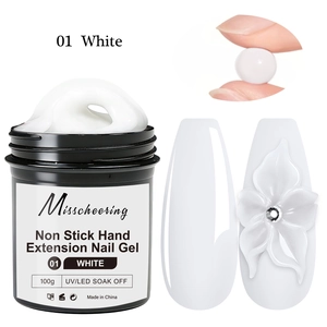 Macro detail of 100g non-stick white extension gel showing thick texture and 3D nail art