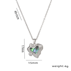 Abalone shell heart pendant necklace with zircon inlay and silver adjustable chain
