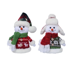 Adorable Christmas snowman plush dolls set with red and green knitted hats and wooden buttons