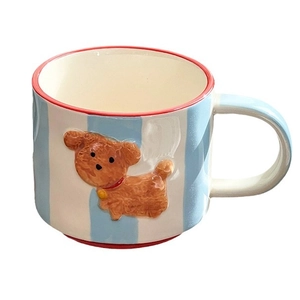 Cute puppy ceramic mug with blue stripes and 3D cartoon dog relief for breakfast