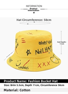 Detailed size guide for yellow graffiti bucket hat showing brim depth and circumference