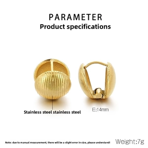 Detailed specs of gold stainless steel huggie earrings with a vertical shell texture