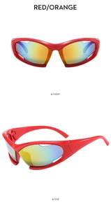 Futuristic red Y2K sports sunglasses with orange gradient lenses in front and side views