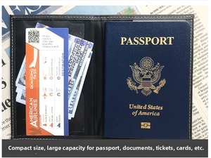 Detail view of black PU leather passport holder featuring white stitching and inner compartments