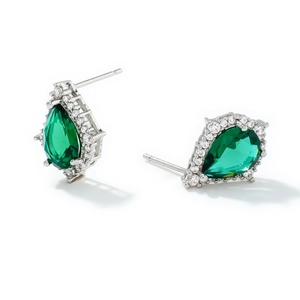 Classic silver-tone drop earrings with emerald green gemstone and white crystal halo