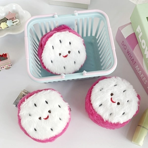 Detail of dragon fruit plush coin purse with embroidery face and zipper closure