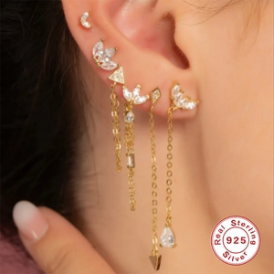 Elegant S925 sterling silver chain tassel earrings with gold plating and clear gemstones