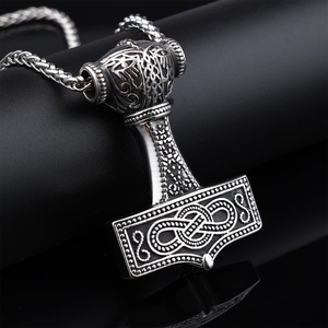 Norse Thor's Hammer Mjolnir necklace with Celtic knot patterns in antique silver finish