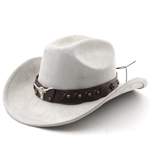 Detail of grey suede cowboy hat with brown leather band and silver bull head ornament