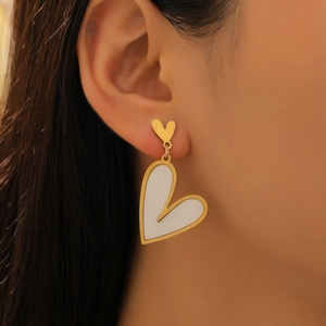 18K gold plated stainless steel double heart drop earrings with white enamel finish