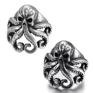 Octopus Tentacle Skull Ring Stainless Steel Retro Gothic Punk Style Jewelry For Men Vintage Kraken Design