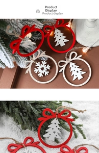 Detailed view of hollow wooden Christmas pendants with tree and snowflake designs