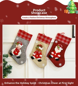 Three Christmas stockings with 3D snowman reindeer and santa hanging on wall