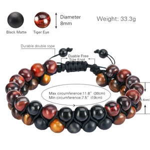 Bracelet double rang réglable en perles d'œil de tigre et pierre mate de 8mm pour homme