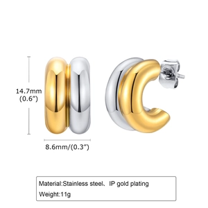 Two-tone C-shape stainless steel earrings with gold plating finish, 14.7mm x 8.6mm