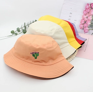 Reversible Bucket Hat Cotton Polyester Cactus Embroidery Sun Protection Fisherman Cap Women Outdoor Vacation Summer Style