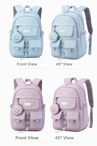 Front and side view of light blue and purple nylon backpacks with drawstring detail
