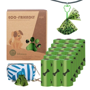 Eco-friendly biodegradable 18 rolls of green dog poop bags with striped fabric pouch