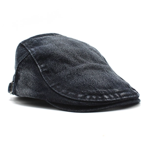 Detail shot of vintage dark grey washed denim flat cap with adjustable strap and stitching