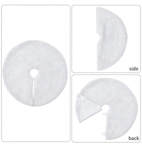 Detailed views of a white faux fur Christmas tree skirt showing front, side and back