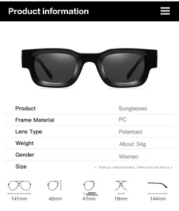 Detailed size chart for square polarized punk sunglasses with PC frame measurements