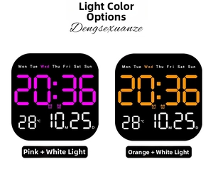 Close-up of LED digital clock display showing time, date and temperature details