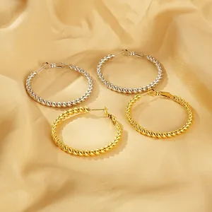 Twisted Rope Hoop Earrings Stainless Steel 18K Gold Plated Elegant Large Geometric Round Fashion For Women