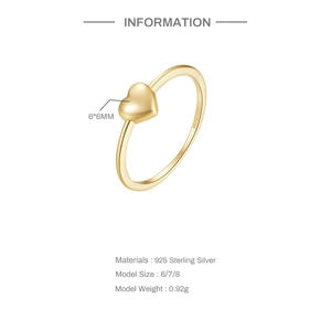 Detail view of gold S925 sterling silver minimalist heart ring with size measurements