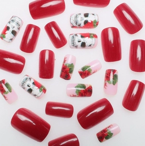 Red and pink skull with rose pattern press-on nails set with glossy finish for manicure
