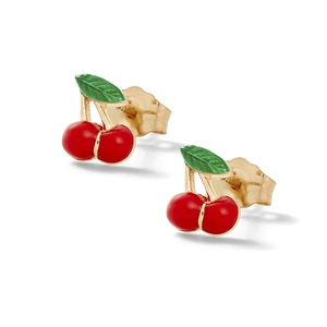 Detail of red cherry earrings with green enamel leaves on a gold base and butterfly backs