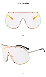 Front and side views of silver-red gradient oversized sunglasses with metal frame