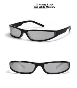 Detail view of Y2K narrow frame sunglasses with glossy black frame and silver mirror lens
