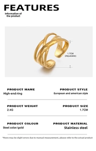 Detail view of adjustable gold-plated stainless steel ring showing size 1.7cm and weight 2.4g