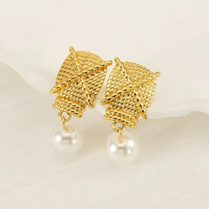 Chic 18K gold plated titanium steel braided earrings with white dangling pearls