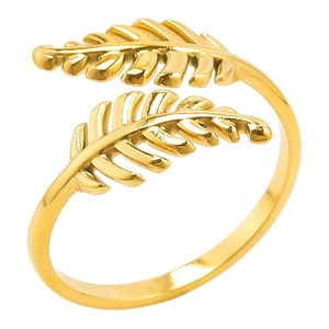 Minimalist adjustable golden leaf open ring made of polished stainless steel for women