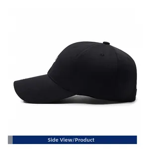 Side view of black cotton baseball cap with curved brim and detailed stitching work